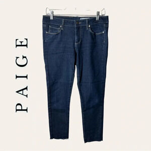 0706. PAIGE PEG SKINNY JEANS DARK WASH IN COLOR RAW HEM SIZE SEE MEASUREMENTS